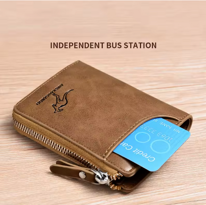 Luxury Men’s Leather Wallet – RFID Blocking Business Card Holder with Zipper Coin Pocket & Multi-Card Organizer Kangaroo
