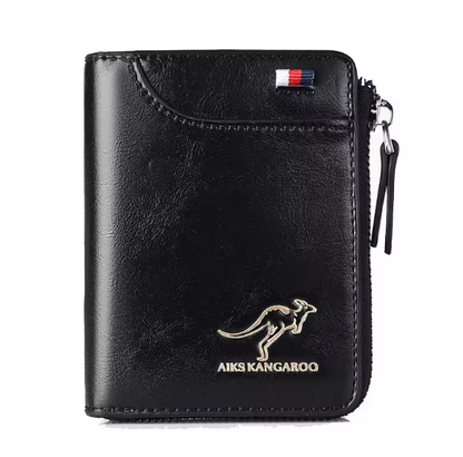Luxury Men’s Leather Wallet – RFID Blocking Business Card Holder with Zipper Coin Pocket & Multi-Card Organizer Kangaroo