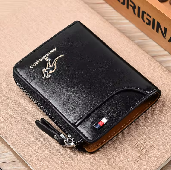 Luxury Men’s Leather Wallet – RFID Blocking Business Card Holder with Zipper Coin Pocket & Multi-Card Organizer Kangaroo