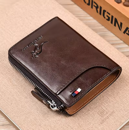 Luxury Men’s Leather Wallet – RFID Blocking Business Card Holder with Zipper Coin Pocket & Multi-Card Organizer Kangaroo