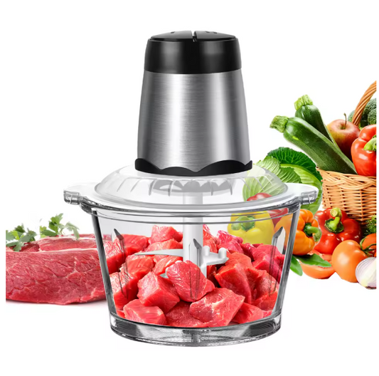 2L Electric Food Chopper & Meat Grinder 🍖 | 300W 2-Speed Processor with 4 Stainless Steel Blades | Glass Bowl Vegetable Dicer & Mixer for Home Cooking BRANDED