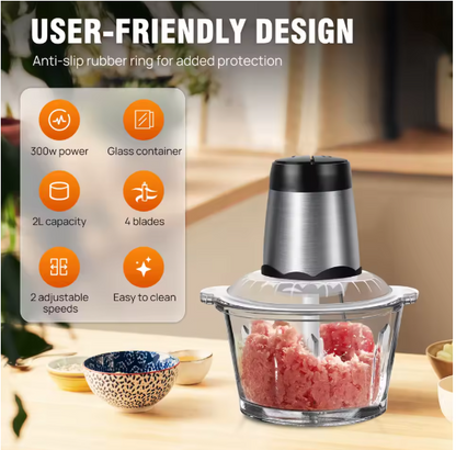 2L Electric Food Chopper & Meat Grinder 🍖 | 300W 2-Speed Processor with 4 Stainless Steel Blades | Glass Bowl Vegetable Dicer & Mixer for Home Cooking BRANDED