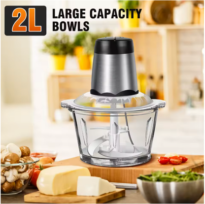 2L Electric Food Chopper & Meat Grinder 🍖 | 300W 2-Speed Processor with 4 Stainless Steel Blades | Glass Bowl Vegetable Dicer & Mixer for Home Cooking BRANDED