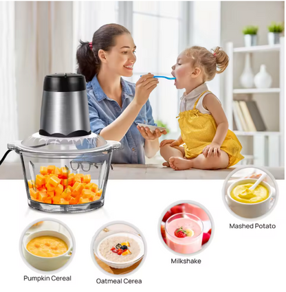 2L Electric Food Chopper & Meat Grinder 🍖 | 300W 2-Speed Processor with 4 Stainless Steel Blades | Glass Bowl Vegetable Dicer & Mixer for Home Cooking BRANDED