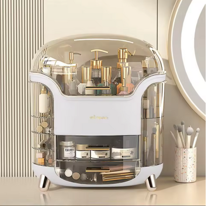 Stylish Large Makeup Organizer Box 28x20x34cm – Dustproof Drawer & Rotating Brush Storage, Lipstick Holder, White BRANDED