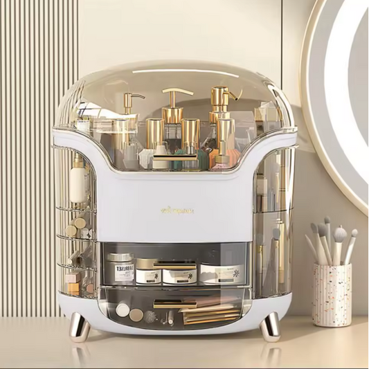 Stylish Large Makeup Organizer Box 28x20x34cm – Dustproof Drawer & Rotating Brush Storage, Lipstick Holder, White BRANDED