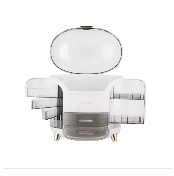 Stylish Large Makeup Organizer Box 28x20x34cm – Dustproof Drawer & Rotating Brush Storage, Lipstick Holder, White BRANDED