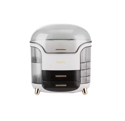 Stylish Large Makeup Organizer Box 28x20x34cm – Dustproof Drawer & Rotating Brush Storage, Lipstick Holder, White BRANDED