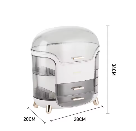 Stylish Large Makeup Organizer Box 28x20x34cm – Dustproof Drawer & Rotating Brush Storage, Lipstick Holder, White BRANDED