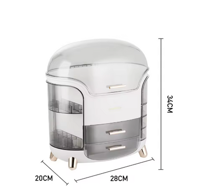 Stylish Large Makeup Organizer Box 28x20x34cm – Dustproof Drawer & Rotating Brush Storage, Lipstick Holder, White BRANDED