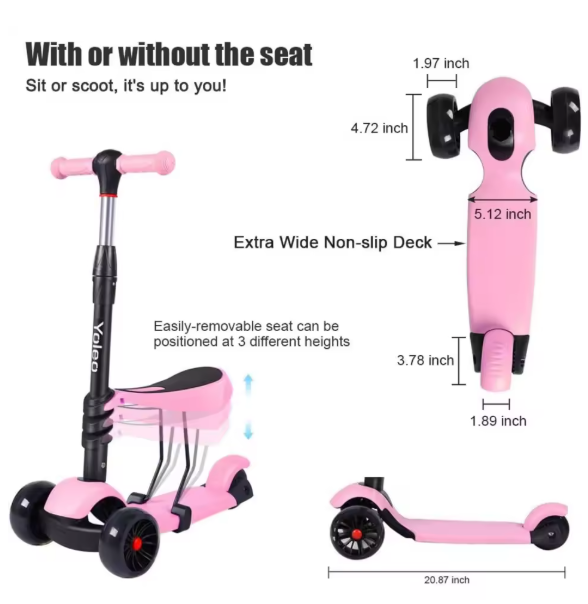 Kids 3-Wheel Kick Scooter with LED Flashing Wheels – Height Adjustable 3-in-1 Lightweight Scooter for Ages 2-8 BRANDED
