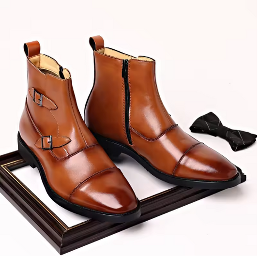 Men’s Classic Leather Ankle Boots – British Style Buckle & Zip High-Top Boots | Trendy Business Casual Footwear (EU 39–46) Move Chain