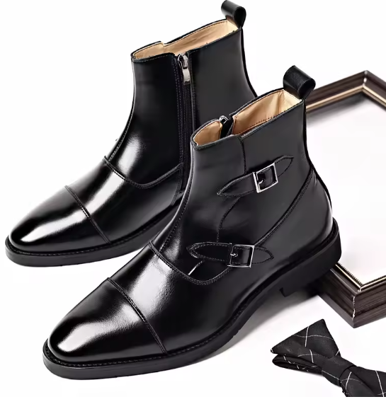 Men’s Classic Leather Ankle Boots – British Style Buckle & Zip High-Top Boots | Trendy Business Casual Footwear (EU 39–46) Move Chain
