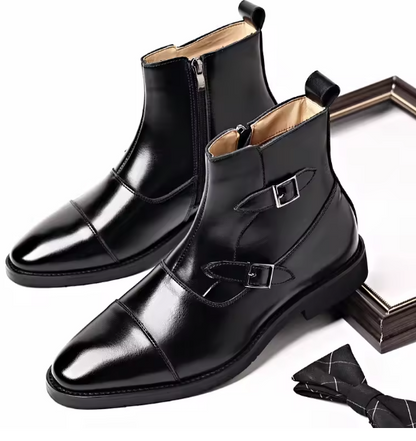 Men’s Classic Leather Ankle Boots – British Style Buckle & Zip High-Top Boots | Trendy Business Casual Footwear (EU 39–46) Move Chain