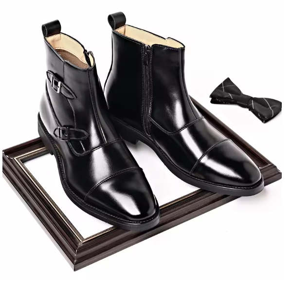 Men’s Classic Leather Ankle Boots – British Style Buckle & Zip High-Top Boots | Trendy Business Casual Footwear (EU 39–46) Move Chain