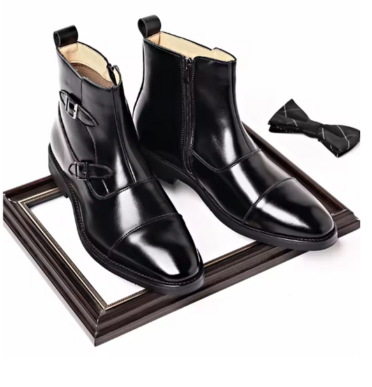 Men’s Classic Leather Ankle Boots – British Style Buckle & Zip High-Top Boots | Trendy Business Casual Footwear (EU 39–46) Move Chain