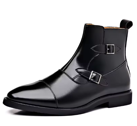 Men’s Classic Leather Ankle Boots – British Style Buckle & Zip High-Top Boots | Trendy Business Casual Footwear (EU 39–46) Move Chain