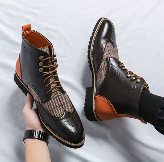Men’s Fashionable Outdoor Combat Boots – Colorblock PU Leather Lace-Up Ankle Boots BRANDED