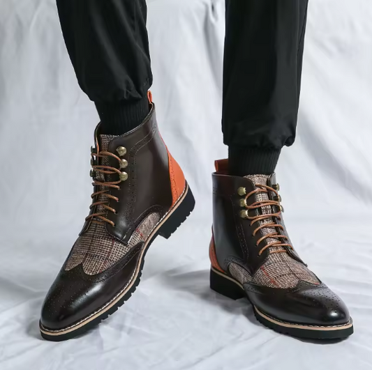 Men’s Fashionable Outdoor Combat Boots – Colorblock PU Leather Lace-Up Ankle Boots BRANDED