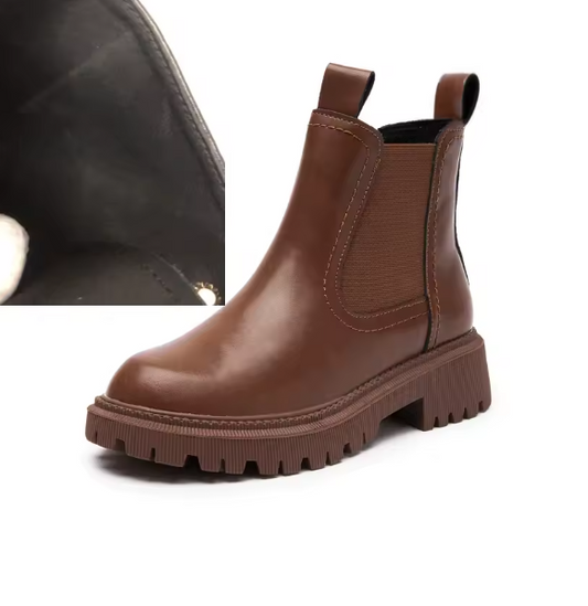Women's Genuine Leather Chelsea Boots – Winter Retro Ankle Boots with Plush Lining, Low Heel & Rubber Outsole AIYUQI