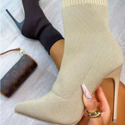 Luxury Women’s Stretch Fabric Sock Ankle Boots – Pointed Toe, High Thin Heels, Slip-On Chelsea Style – Waterproof, Handmade, Elegant Winter Booties BRANDED