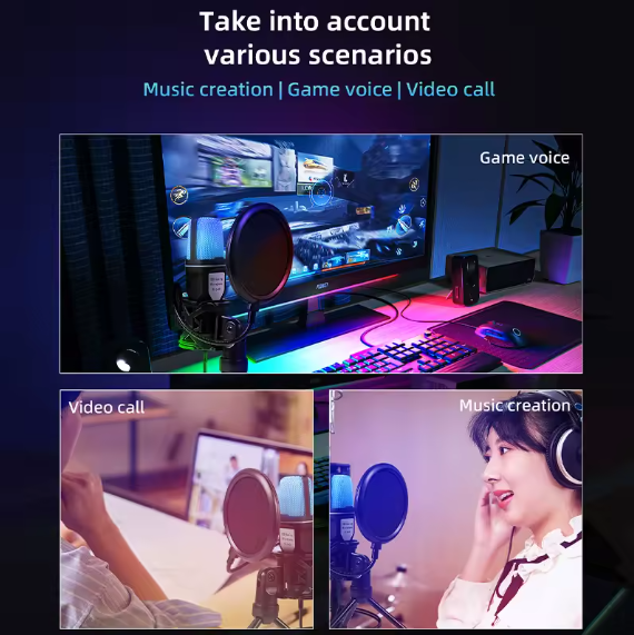 USB Condenser Microphone Kit – RGB Tabletop Mic with Noise Reduction for Gaming, Podcasting, Recording & Pro Studio Use BRANDED