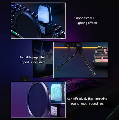 USB Condenser Microphone Kit – RGB Tabletop Mic with Noise Reduction for Gaming, Podcasting, Recording & Pro Studio Use BRANDED
