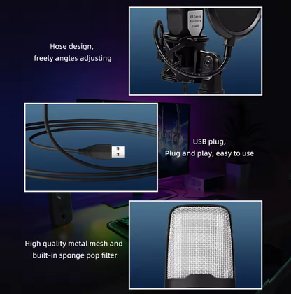 USB Condenser Microphone Kit – RGB Tabletop Mic with Noise Reduction for Gaming, Podcasting, Recording & Pro Studio Use BRANDED