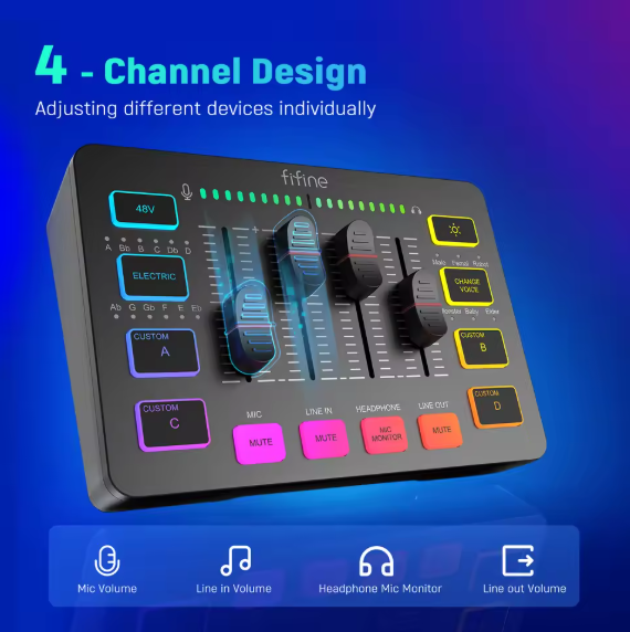 AmpliGame SC3 – 4-Channel RGB Gaming Audio Mixer with XLR Microphone Interface, USB Streaming Mixer for Podcast, Voice, and Live Recording BRANDED