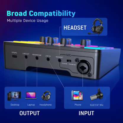 AmpliGame SC3 – 4-Channel RGB Gaming Audio Mixer with XLR Microphone Interface, USB Streaming Mixer for Podcast, Voice, and Live Recording BRANDED