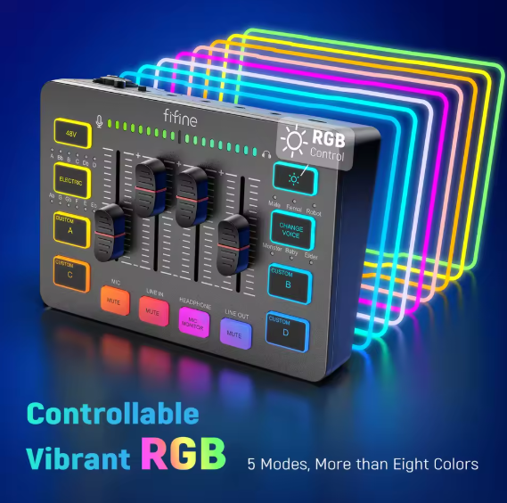 AmpliGame SC3 – 4-Channel RGB Gaming Audio Mixer with XLR Microphone Interface, USB Streaming Mixer for Podcast, Voice, and Live Recording BRANDED