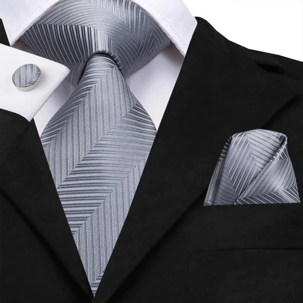 White & Grey Paisley Tie Set – Silk Necktie, Pocket Square & Cufflinks for Men – Formal Wedding & Business Accessory
