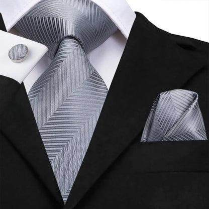 White & Grey Paisley Tie Set – Silk Necktie, Pocket Square & Cufflinks for Men – Formal Wedding & Business Accessory