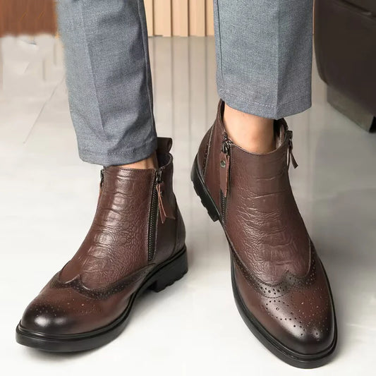 Genuine Leather Men’s Side-Zip Ankle Boots – Warm Plush Lined Winter Fashion