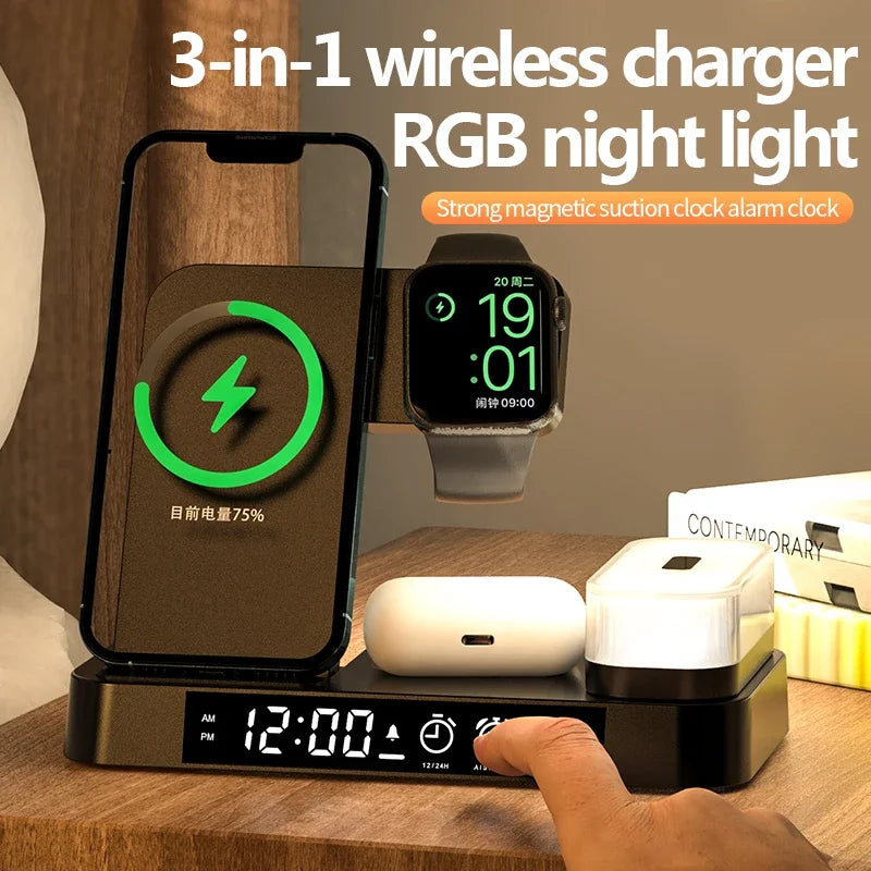 30W 3-in-1 Wireless Charging Station with Alarm Clock & Night Light – Fast Charger Stand for iPhone, Samsung, Apple Watch & Galaxy Watch