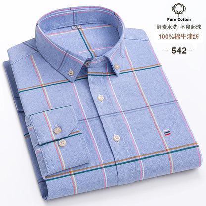 100% Cotton Oxford Long Sleeve Men's Plaid Dress Shirt – Regular Fit Formal Shirt with Pocket (S–7XL)