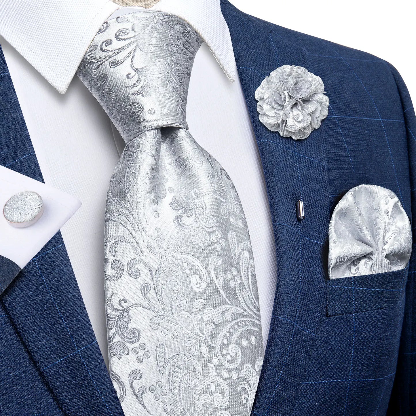 Luxury Red & Blue Floral Silk Tie Set – 8cm Necktie + Pocket Square + Cufflinks + Brooch – Men’s Formal Gift Set