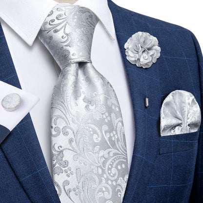 Luxury Red & Blue Floral Silk Tie Set – 8cm Necktie + Pocket Square + Cufflinks + Brooch – Men’s Formal Gift Set