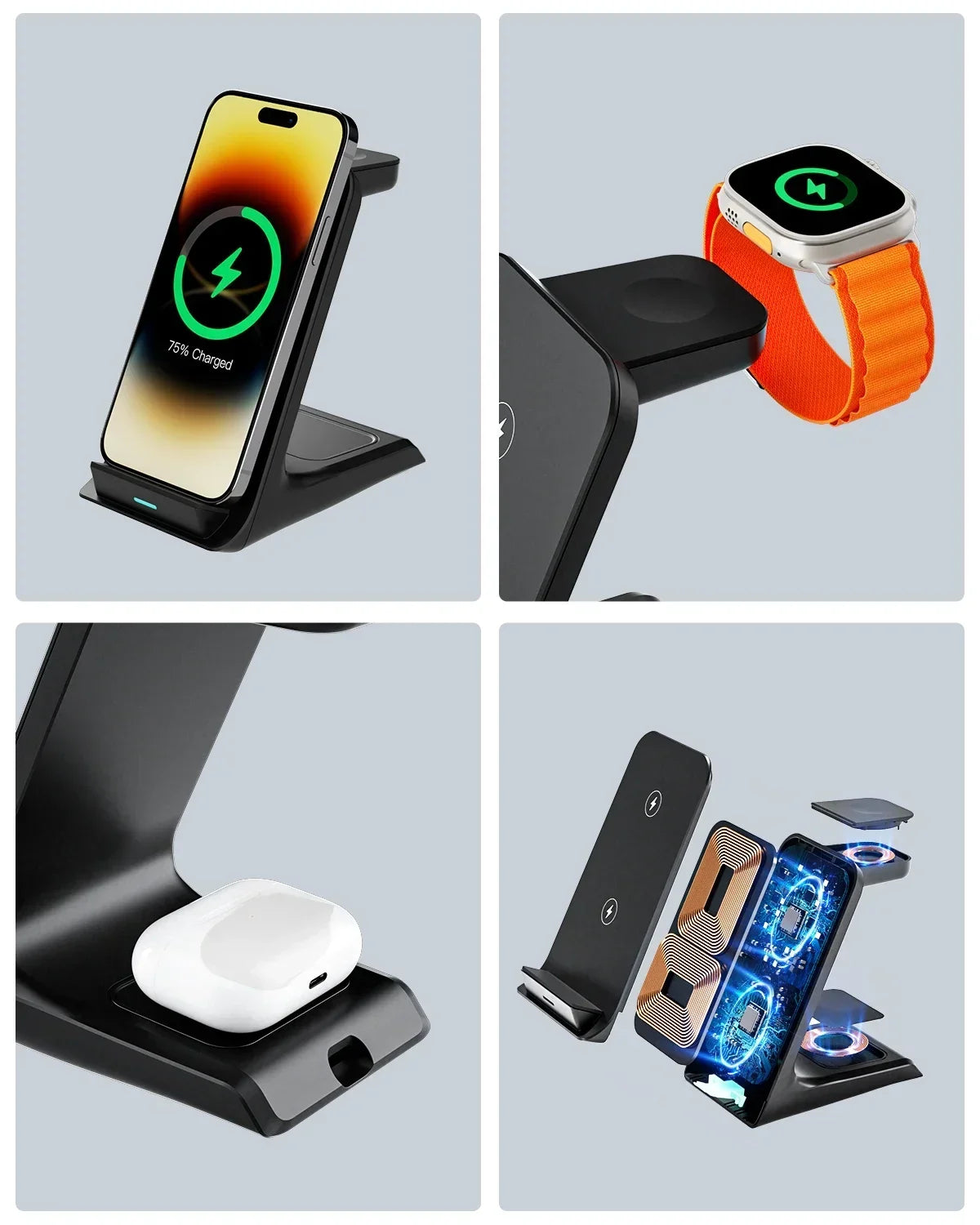 KPON 3-in-1 Wireless Charging Station – Fast Charger Stand for iPhone, Apple Watch & AirPods (Apple-Only)