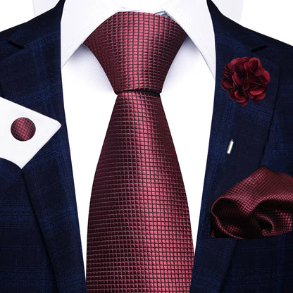 Red Paisley Tie Set for Men – 8cm Necktie, Matching Handkerchief, Cufflinks & Pin – Formal Wedding & Party Accessories