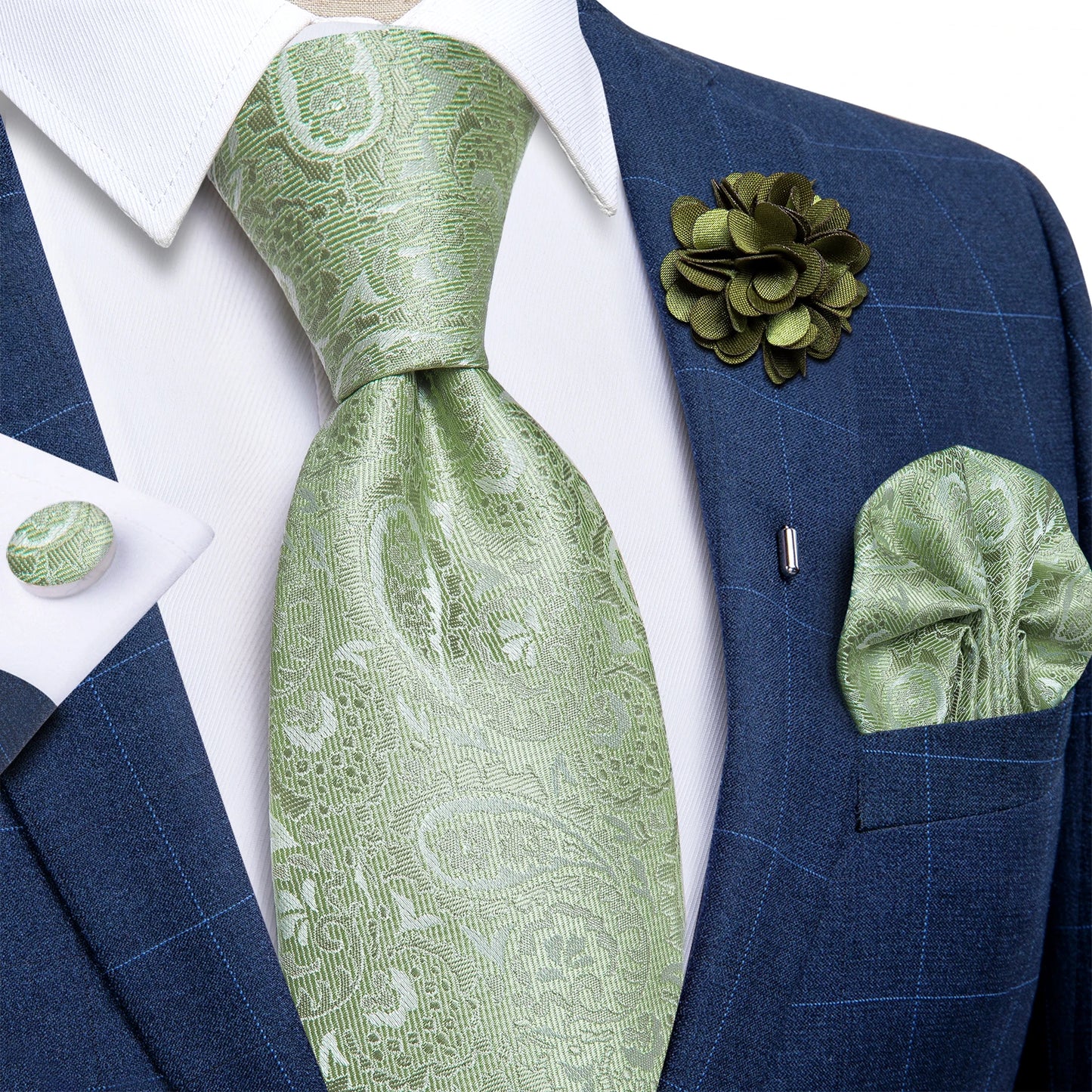 Luxury Red & Blue Floral Silk Tie Set – 8cm Necktie + Pocket Square + Cufflinks + Brooch – Men’s Formal Gift Set
