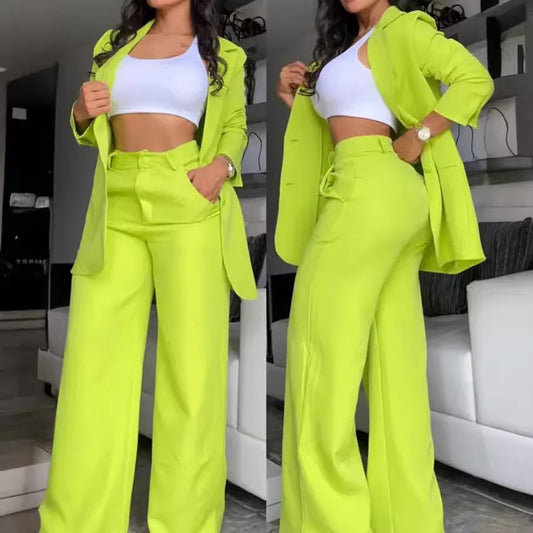 Women’s 2-Piece Solid Color Set – Spring/Autumn Fashion – Elegant Split Collar Top & Straight Tube Pocket Pants