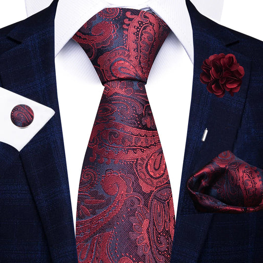 Red Paisley Tie Set for Men – 8cm Necktie, Matching Handkerchief, Cufflinks & Pin – Formal Wedding & Party Accessories