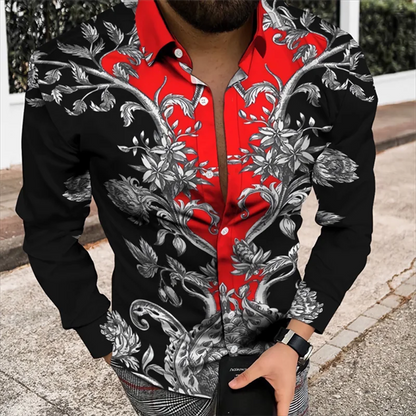 Men’s 3D Floral Print Long Sleeve Shirt – Designer Party & Prom Dress Shirt, S–5XL