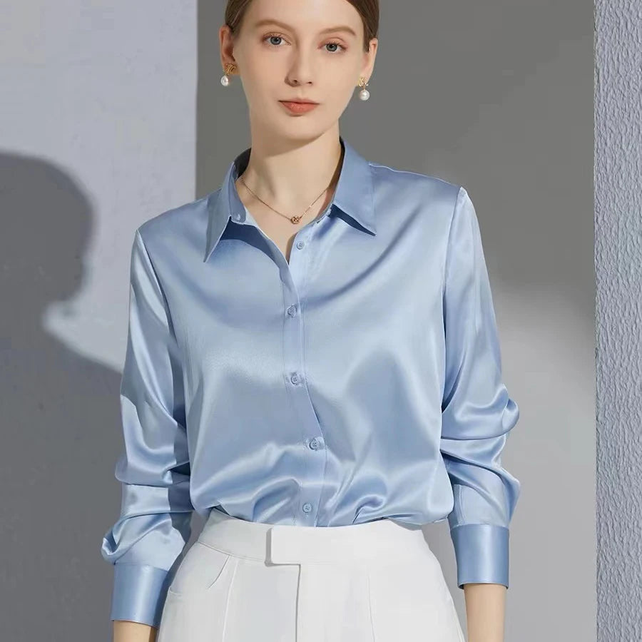 Elegant Satin Button-Down Blouse – Women’s Long Sleeve French Solid Shirt for Work & Evenings