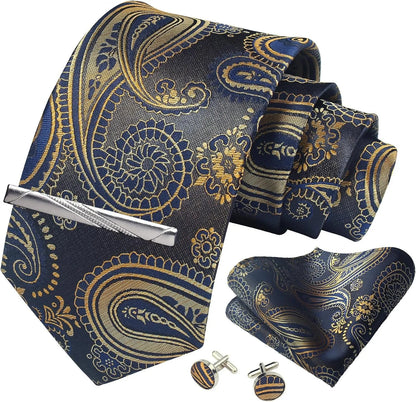 Men’s Classic Silver Paisley Tie Set – Silk Necktie, Pocket Square, Cufflinks & Tie Clip – Formal Wedding Party Gift Box