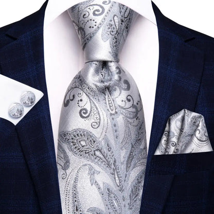 White & Grey Paisley Tie Set – Silk Necktie, Pocket Square & Cufflinks for Men – Formal Wedding & Business Accessory