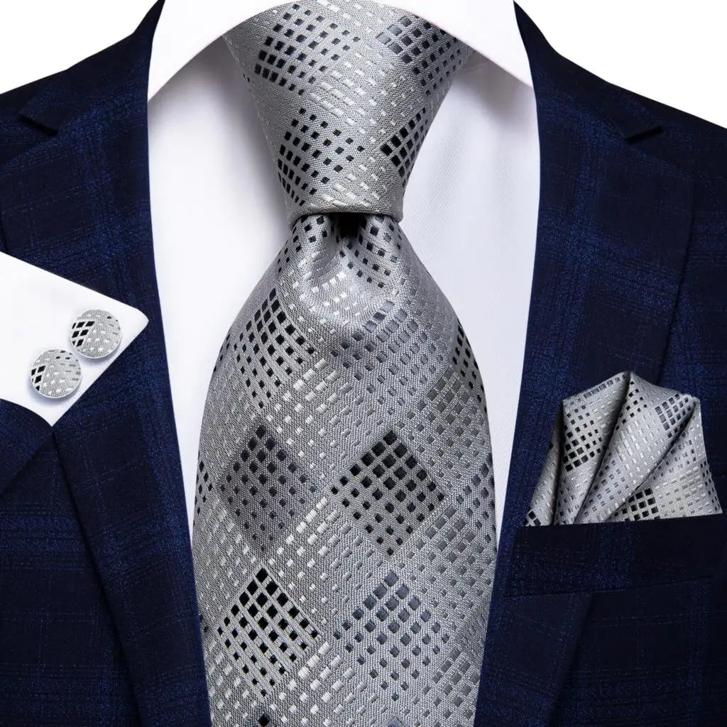 White & Grey Paisley Tie Set – Silk Necktie, Pocket Square & Cufflinks for Men – Formal Wedding & Business Accessory