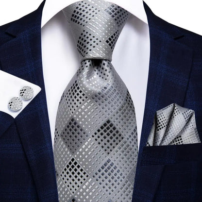 White & Grey Paisley Tie Set – Silk Necktie, Pocket Square & Cufflinks for Men – Formal Wedding & Business Accessory