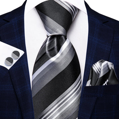 Navy Blue Striped Silk Tie Set for Men – Necktie, Pocket Square & Cufflinks – Formal Business & Wedding Gift Set